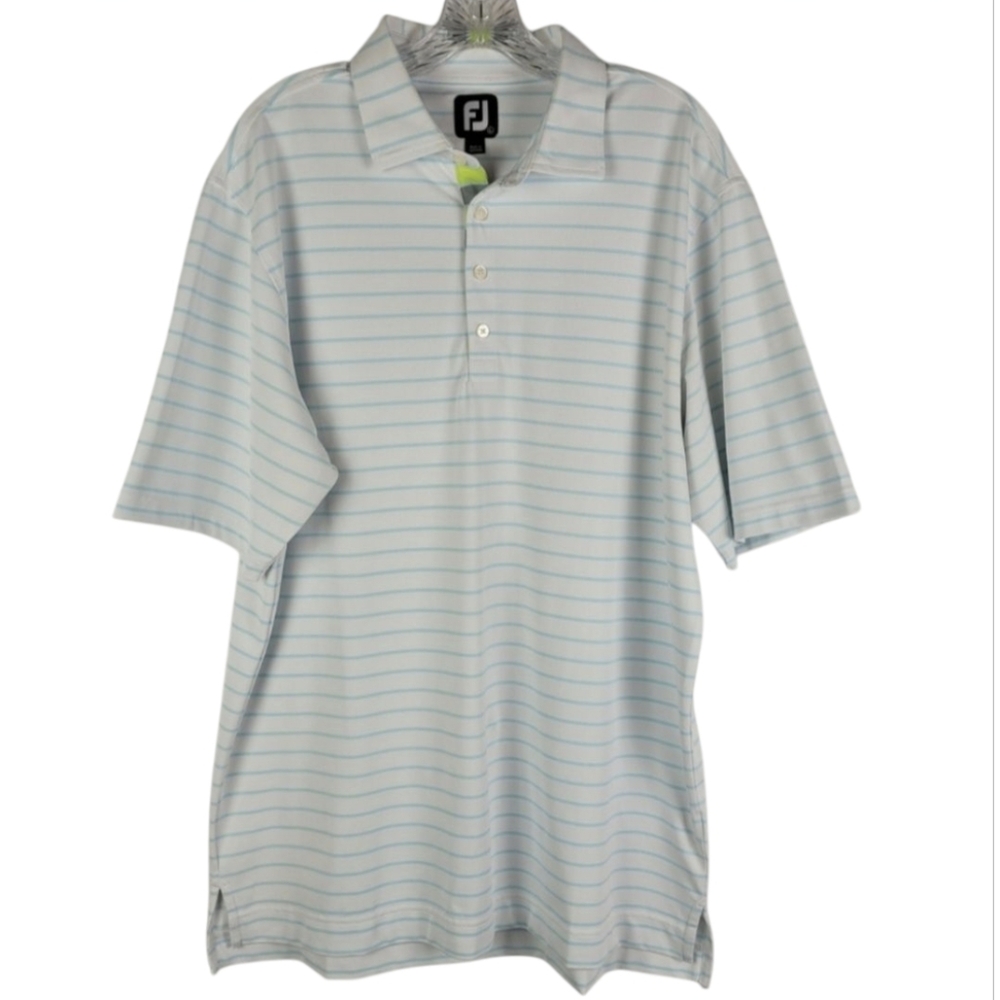 FootJoy FJ Athletic Fit White Light Blue Stripe Mens Golf Polo Shirt Size Large